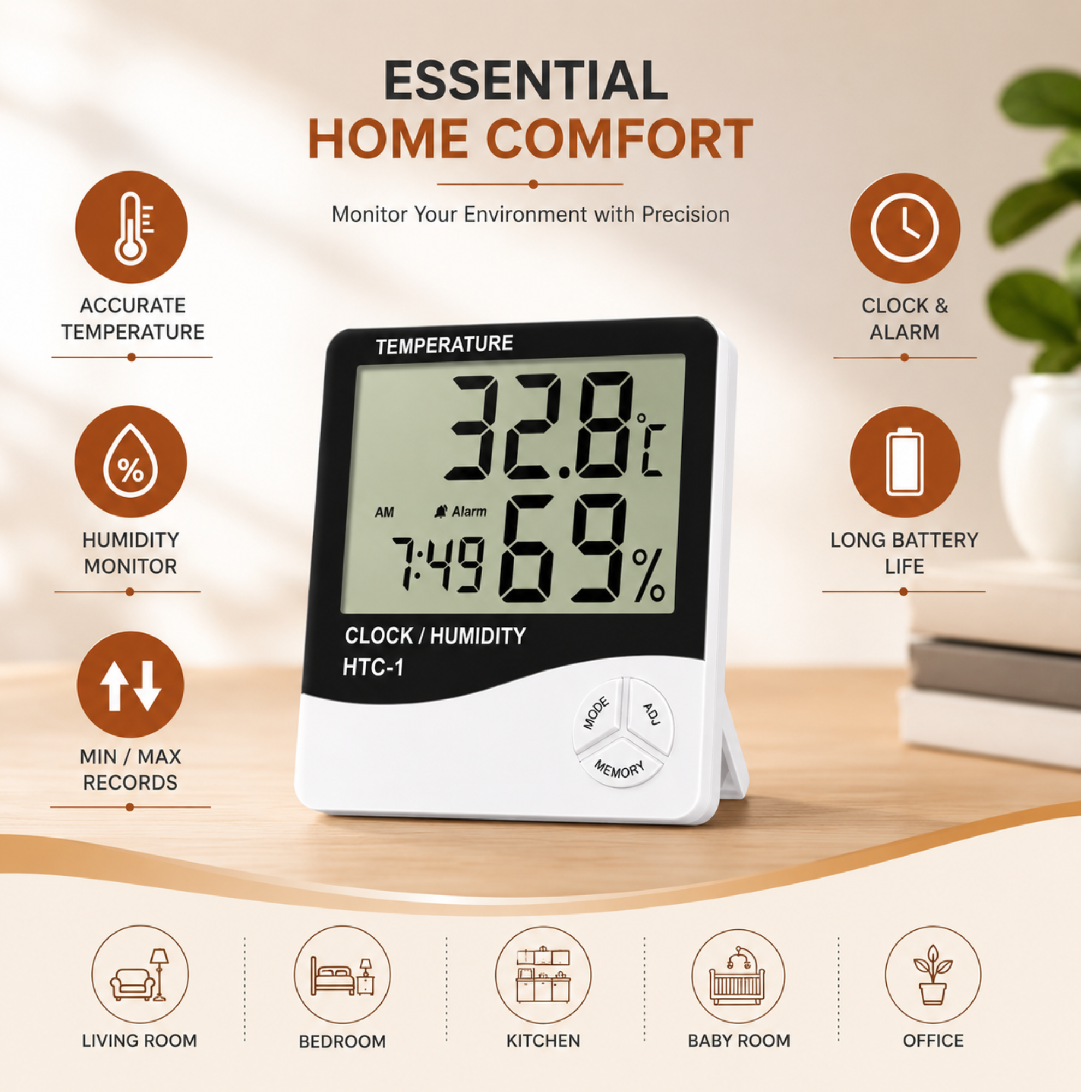 HTC-1 Digital Temperature & Humidity Meter with Clock - Image 2