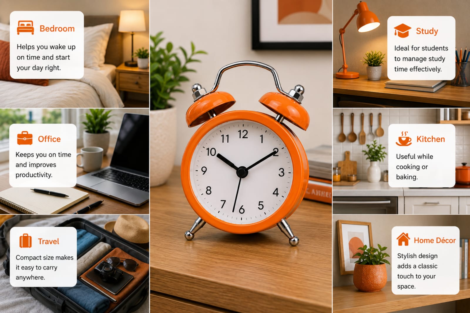 Orange Twin Bell Alarm Clock – Best 1 Piece Classic Analog Quartz Clock - Image 2
