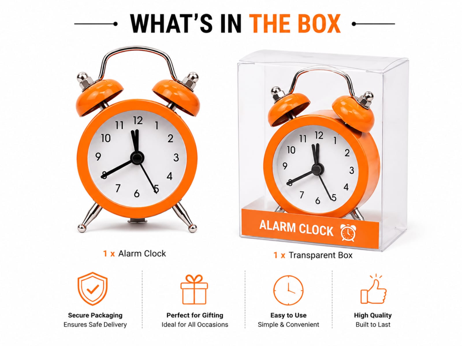 Orange Twin Bell Alarm Clock – Best 1 Piece Classic Analog Quartz Clock - Image 5