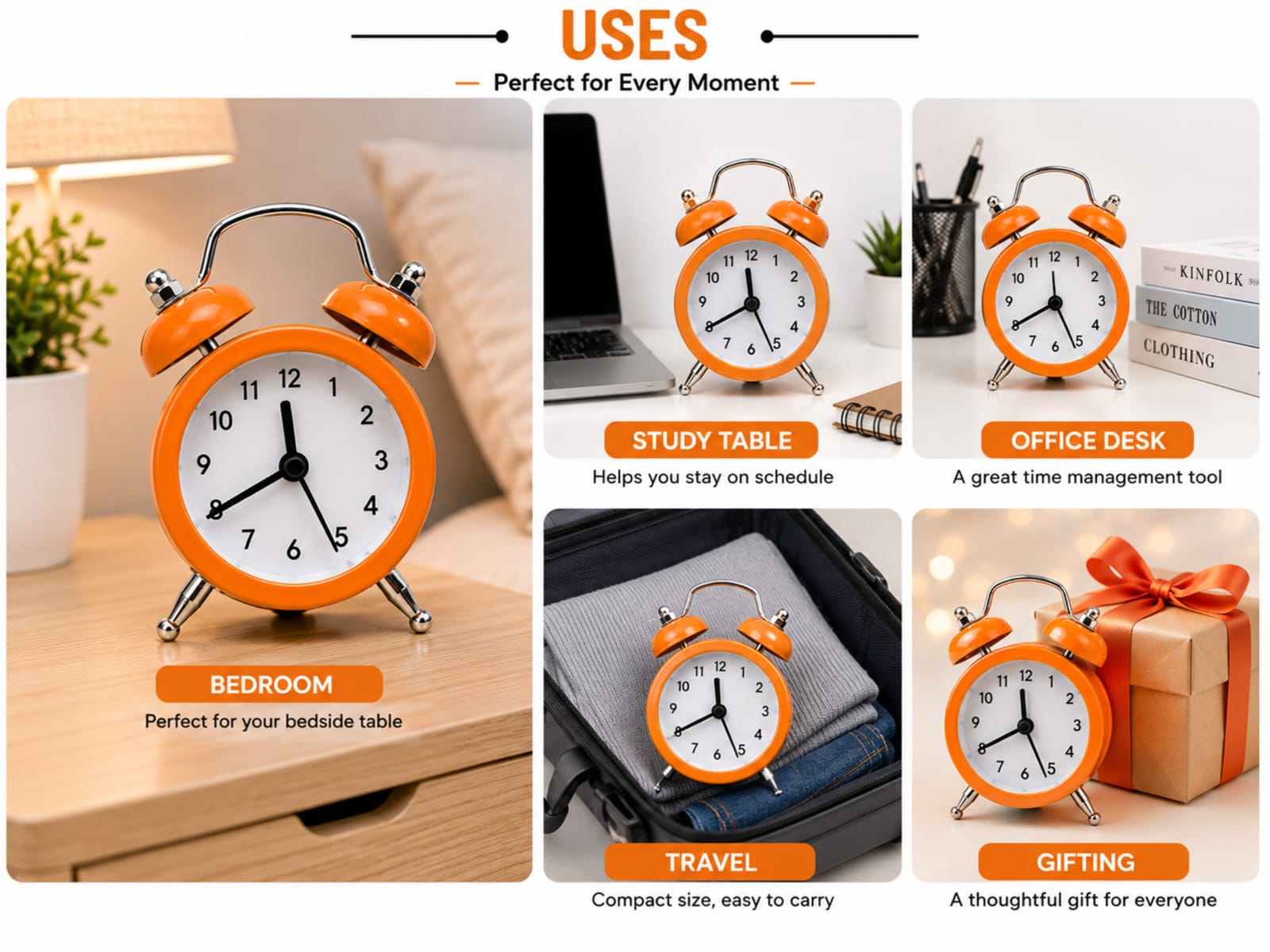 Orange Twin Bell Alarm Clock – Best 1 Piece Classic Analog Quartz Clock - Image 4