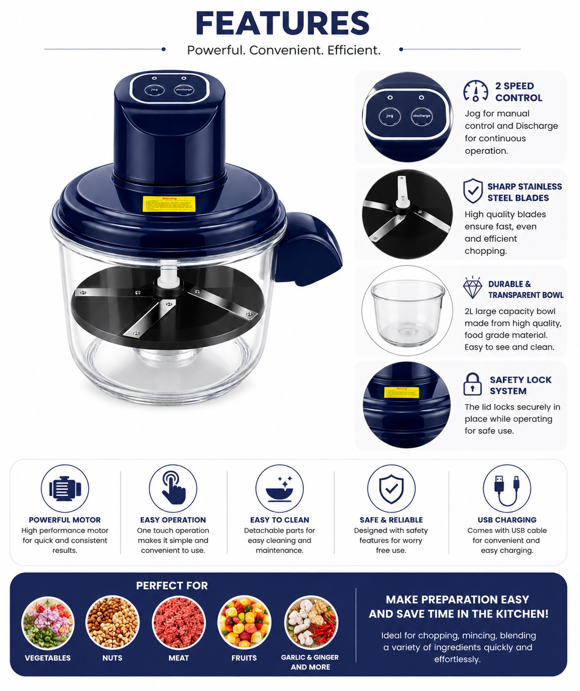 Electric Food Chopper – 2-in-1 Powerful Mini Vegetable Cutter & Kitchen Chopper with USB Charging - Image 5